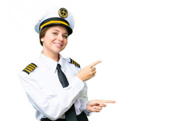 Airplane pilot woman over isolated chroma key background pointing finger to the side and presenting a product