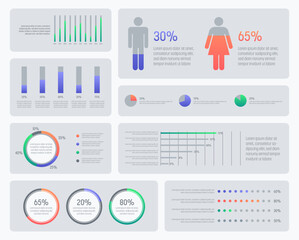 Light Infographics with statistics and colorful elements. Thin line vector illustration. Data graphs for flow charts, presentations and UI