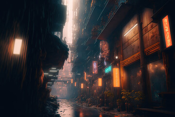 cyberpunk city, landscape, neon, art illustration