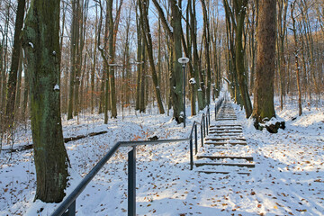 in der Stadt Görlitz, der Berg Landeskrone im Winter eine schöne Treppenanlage als Aufstieg - in the town of Goerlitz, the mountain Landeskrone in winter