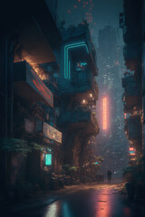 cyberpunk city, landscape, neon, art illustration