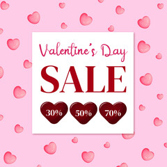 Valentines day sale 30%, 50% and 70% off vector banner illustration. Sale discount text for valentines day shopping promotion with hearts elements. 