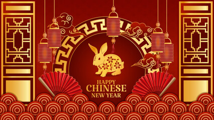 Chinese New Year banner. Year of rabbit zodiac sign. Banner with asian elements and craft style on background