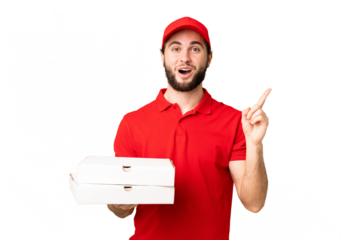 pizza delivery man with work uniform picking up pizza boxes over isolated chroma key background intending to realizes the solution while lifting a finger up