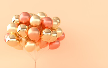 A bunch of glossy golden balloons. Empty space for birthday, party, promotion social media banners, posters. 3d render balloons background