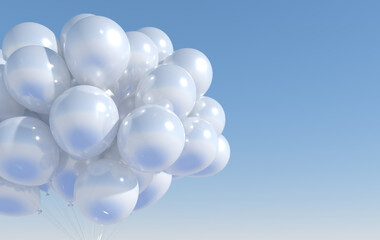 A bunch of white balloons and sky. Empty space for birthday, party, promotion social media banners, posters. 3d render balloons background