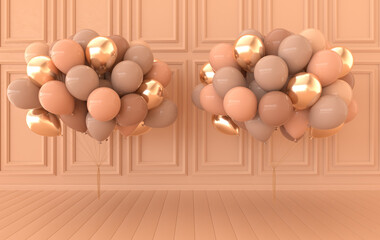 Classic interior walls with bunch of balloons. Walls with mouldings panels, wooden floor, classic cornice. 3d rendering  party interior mock up Illustration. Beige and golden colors