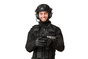 SWAT over isolated chroma key background sending a message with the mobile