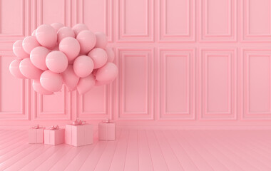 Classic interior walls with bunch of balloons, present box. Walls with mouldings panels, wooden floor, classic cornice. 3d rendering  party interior mock up Illustration. Pink color © Meranna