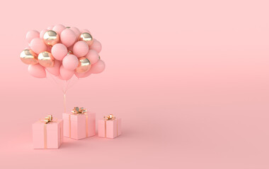 3d render illustration of realistic pink and golden balloons and gift box with bow. background. Empty space for party, promotion social media banners, posters.