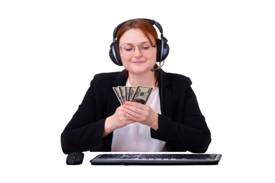 Business woman recounts money in us dollars during an online conference, isolation due to a coronavirus pandemic, isolated on a white background