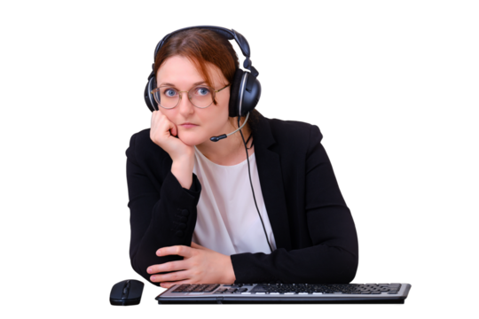 Sad caucasian woman with remote work in online conferences, isolated on a white background. Businesswoman remote works from home through chat for video calls, mockup concept - Powered by Adobe