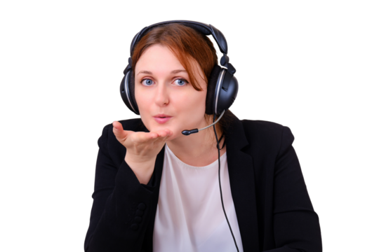 A woman blows a kiss during an online conference at a remote job from home, isolated on a white background. Businesswoman talks in a video call in an Internet chat, home kitchen background - Powered by Adobe