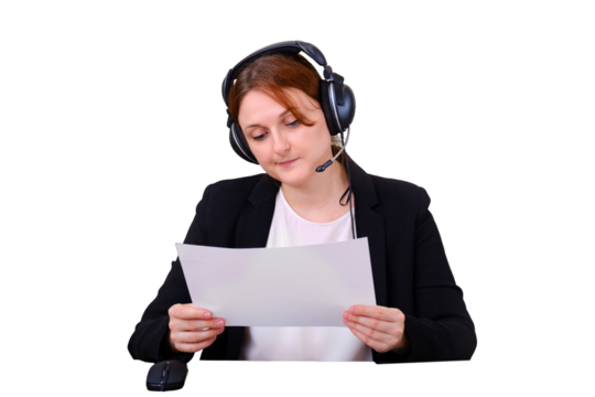 Teacher with a blank A4 sheet in his hands during an online conference, copy space, isolated on a white background. Woman with headphones holding a blank label - Powered by Adobe