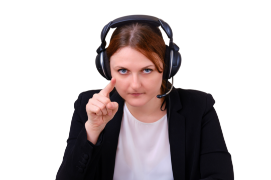 Female teacher with headphones on remote training over the Internet, isolated on a white background. A teacher conducts an online lesson from home in the case of a coronavirus epidemic - Powered by Adobe