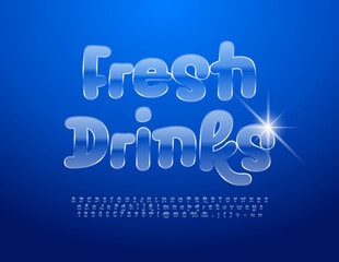 Vector glass Emblem Fresh Drink. Glass textured Font. Funny handwritten Alphabet Letters and Numbers