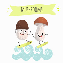Illustration with mushrooms characters. Funny and healthy food. Vitamins, Food with a cute face, ingredients, vegetarianism, Vector cartoon, antioxidant, forest autumn harvest