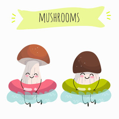 Illustration with mushrooms characters. Funny and healthy food. Vitamins, Food with a cute face, ingredients, vegetarianism, Vector cartoon, antioxidant, forest autumn harvest