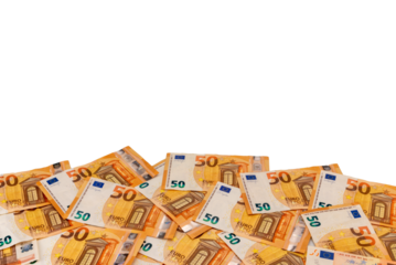 Banknotes of fifty euro scattered in top view, financial concept and textures patterns