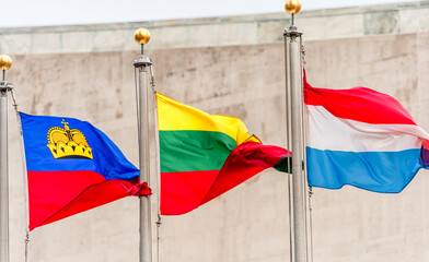 United Nation Waving Flags. Lithuanian Flag in the Middle. Liechtenstein, Luxembourg. Manhattan, NYC, USA