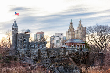 Fototapeta na wymiar Castle in Central Park in NYC. Cityscape in Background. USA