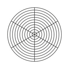 Polar grid of 6 segments and 10 concentric circles. Blank polar graph paper. Circle diagram of lifestyle balance. Wheel of life template. Coaching tool.