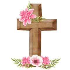 Pink floral cross. Easter illustration. Watercolor Wedding Cross. Baptism