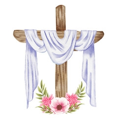 Pink floral cross. Easter illustration. Watercolor Wedding Cross. Baptism
