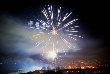 New Year's Eve fireworks over the city Hunedoara, Romania