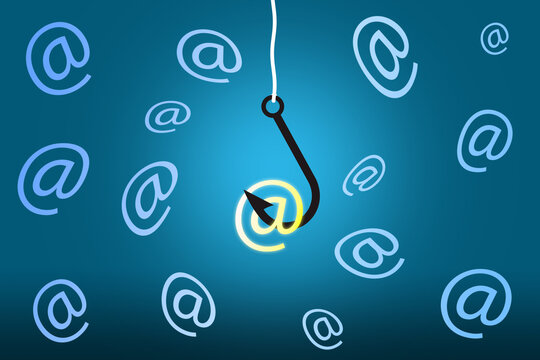 Ilustra&ccedil;&atilde;o do perigo de phishing de dados e seguran&ccedil;a na Internet com um anzol e alguns "@" num fundo azul