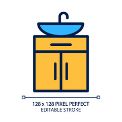 Washstand pixel perfect RGB color icon. Ceramic bathroom sink. Basin with cabinet. Contemporary home furniture store. Isolated vector illustration. Simple filled line drawing. Editable stroke