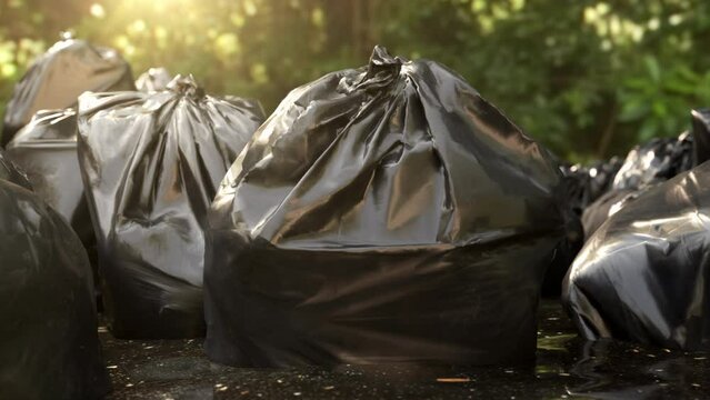 Close Up Tuning of Black plastic garbage bag full of trash on swamp water. slow motion. 4K.  Tuning movement.