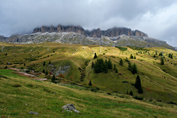 Fantastic panoramic view of the Dolomites mountains in exceptional light and cloud conditions, South Tyrol, Italy