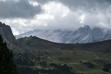 Great view of the Dolomites mountains with the glacier of the Marmolada in the background and a fantastic light and clouds condition, South Tyrol, Italy