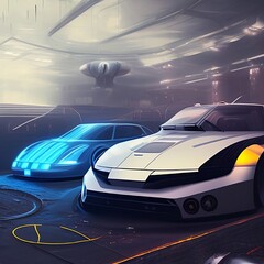 Plakat Futuristic sports car on a road in the night lights, retro cyberpunk, cinematic HD wallpaper, cool fast and the furious driving wheel