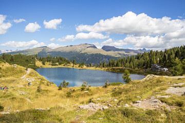 View of the Colbricon lake refuge. August 2022 San Martino di Castrozza, Trentino Alto Adige - Italy