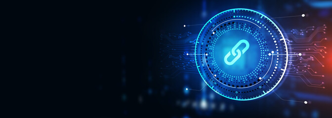 Chain Link icon on abstract blue background. Hyperlink chain symbol concept. 3d illustration