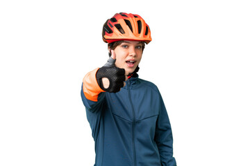 Young cyclist girl over isolated chroma key background with thumbs up because something good has happened