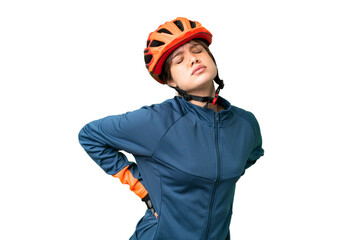 Young cyclist girl over isolated chroma key background suffering from backache for having made an effort