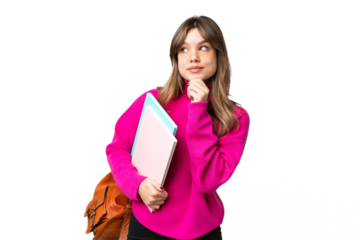 Young student girl over isolated chroma key background and looking up