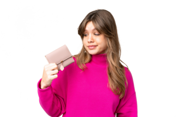 Young girl holding a wallet over isolated chroma key background with sad expression