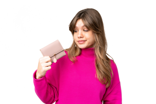 Young girl holding a wallet over isolated chroma key background with sad expression