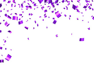 Falling purple cut out foil ribbon confetti background with space for text.