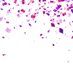Falling purple cut out foil ribbon confetti background with space for text.