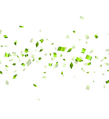 Falling green cut out foil ribbon confetti background.