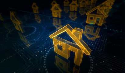 Smart home network system and house control symbol digital concept 3d illustration