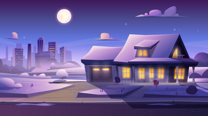 Winter night landscape of a country house in a modern cartoon style. Moonlight over a suburban cottage with light in the windows.