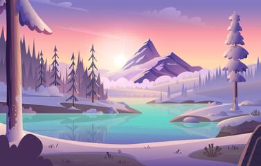Cartoon colorful winter landscape with rocks, ice water and forest. Top view of snowy mountains, blue lake with frosty coast and pink night sky with clouds at sunset or sunrise. 