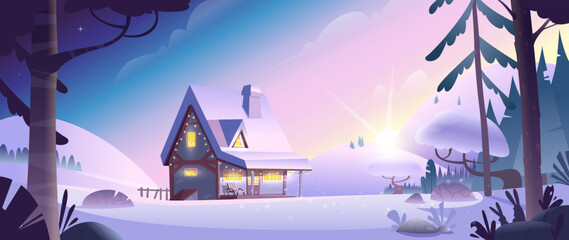 Fairy winter christmas farm house in snowy forest. Magic cartoon frosty landscape with hut with garlands on hills and sunrise background.