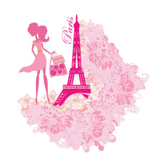 Fototapeta na wymiar Women Shopping in Paris - decorative floral banner